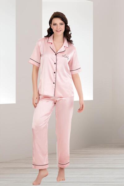 REN Women's satin solid color front button Piped short sleeve satin pajama set