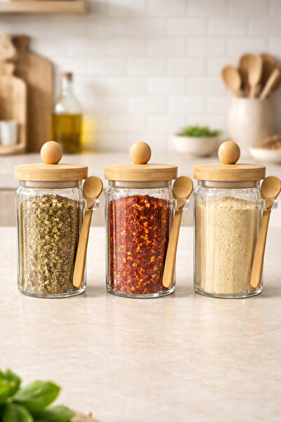 Kitchen Way Striped 3-Piece Glass 750ml Jar Storage Jar Set with Bamboo Lid a...