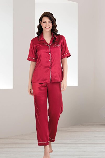 REN Women's satin solid color front button Piped short sleeve satin pajama set