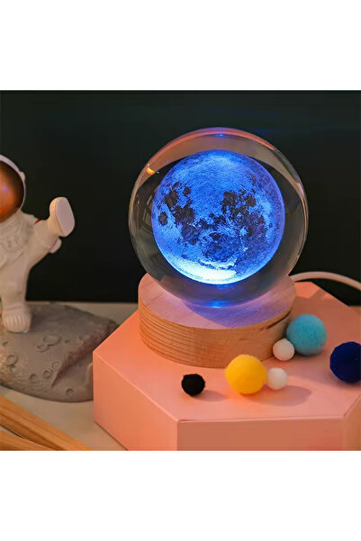 Store Ahşap Altlıklı Renk Değiştiren Dolunay Cam Küre 7x6 cm | Mini Işıklı Dekor