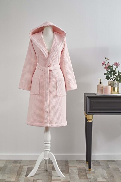 Özdilek 15 Years Old Girl's Hooded Velvet Cotton Bathrobe-Bright Pink