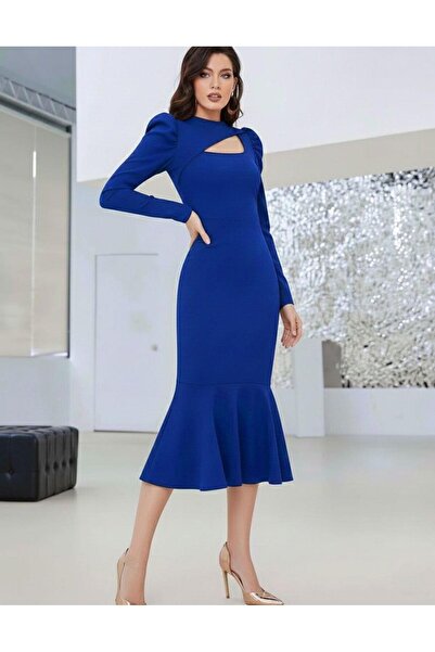 Modafeminen فستان طويل الأكمام موديل السمكة 581884 أزرق بلون الكوبالت