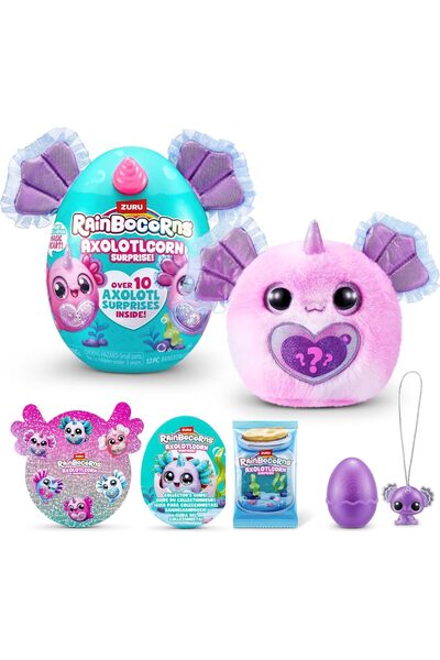 Rainbocorns Axolotl Surprise Plush Toy with Baby Boo-Popcorn and 10 Fun Surpr...