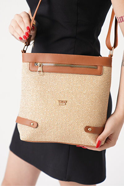 DELSOLERA Women's Straw Daily Tan Handle Detailed Stylish Crossbody Bag