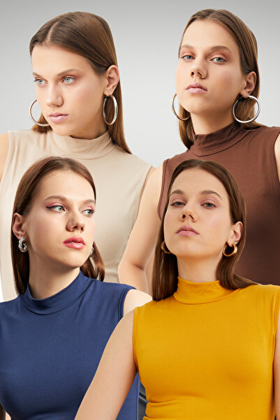 Ladima Women's Cream Bitter Brown Navy Blue Mustard 4-Piece Sleeveless Bodysuit