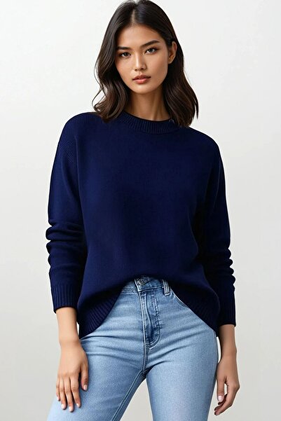 Trend Alaçatı Stili Women's navy blue crew neck Oversized knit sweater alc-x1...