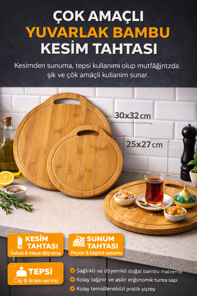 DrBambu 2'Li Çok Amaçlı Bambu Kesim Tahtası – Sunumluk & Servis Tepsisi