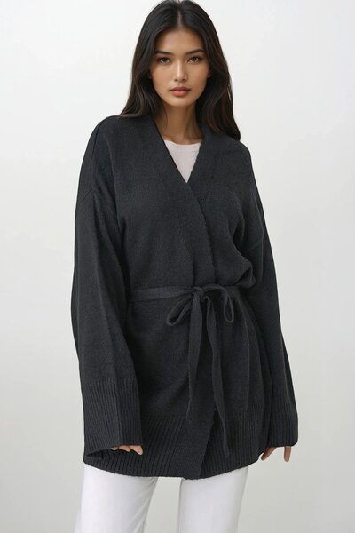 Trend Alaçatı Stili Women's black belted long knitted cardigan alc-x14900