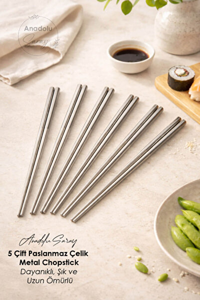 Anadolu Saray 5 Çift Paslanmaz Çelik Metal Chopstick Dayanıklı, Şık ve Uzun Ö...