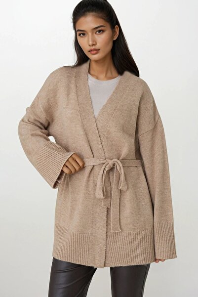 Trend Alaçatı Stili Women's Beige Belted Long Knit Cardigan Alc-X14900