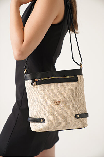 DELSOLERA Women's Straw Daily Black Stylish Crossbody Bag with Handle Detail