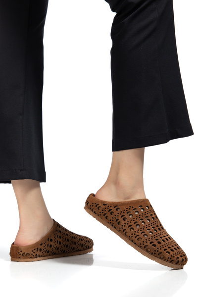 PASSAGE SHOES Women's Genuine Leather Hole Detailed Casual Slippers 6334 Taba...