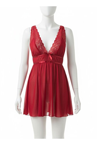 Aria's Closet Cămașă de noapte elegantă din tul brodat cu dantelă roșie