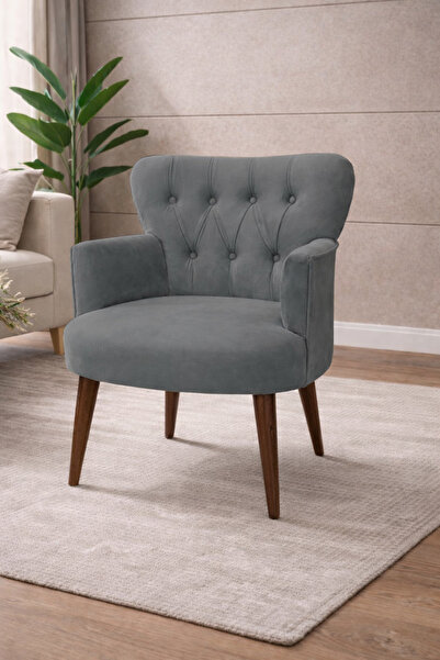 WATERYBROOK Modern Babyface Kumaş Berjer Koltuk – Ahşap Ceviz Ayaklı | GRİ