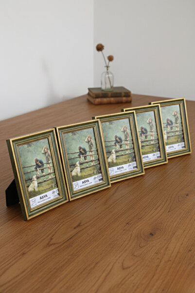 Asya Çerçeve Dekoratif 5'li Set Antik Desenli Yeşil 15x21 Ayaklı Plastik Foto...