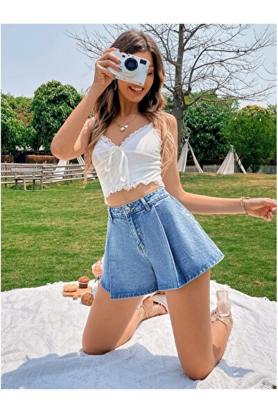 MARLİX Kot Shorts, Pleated, Oversized, 100% Cotton, Comfortable Fit Shorts