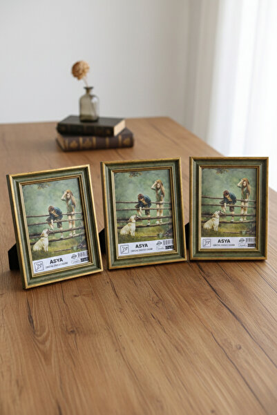 Asya Çerçeve Dekoratif 3'lü Set Antik Desenli Yeşil 15x21 Ayaklı Plastik Foto...