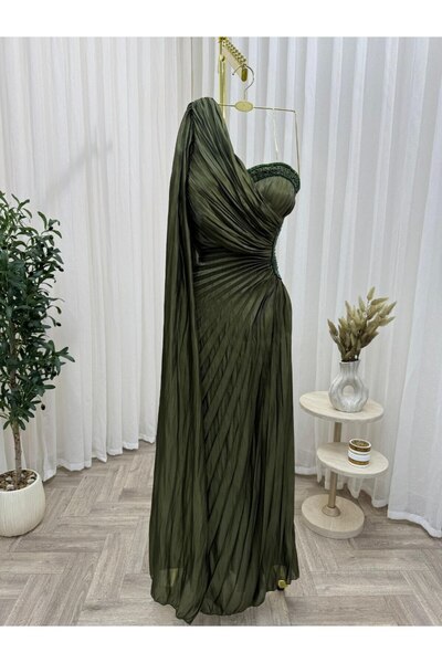 LITSHE Elegant pleated evening dress in olive green