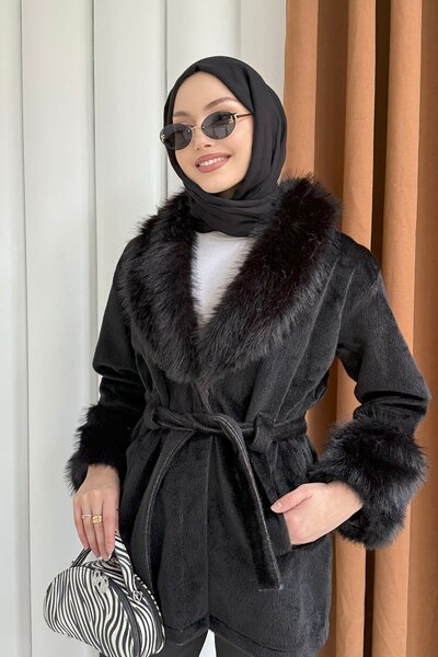 Modaensarbutik Yaka Ve Kolları Kürklü Kuşaklı Kaşe Kaban-SİYAH