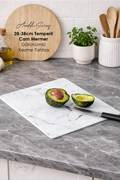 Anadolu Saray 28-38cm Tempered Glass Marble Look Cutting Board |   Durable Gl...