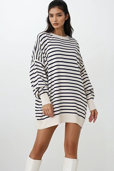 Trend Alaçatı Stili Women's White Striped Crew Neck Striped Knit Mini Dress A...