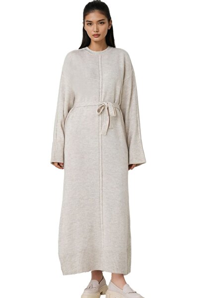 Trend Alaçatı Stili Women's ecru crew neck tie-waist long knit dress alc-x14905