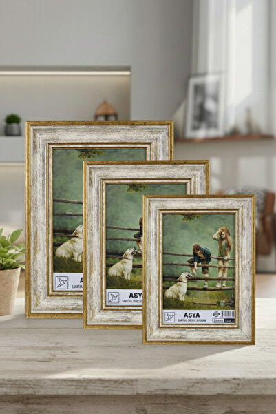 Asya Çerçeve Dekoratif 3'lü Set Antik Desenli Gold 10x15 - 13x18 - 15x21 Ayak...