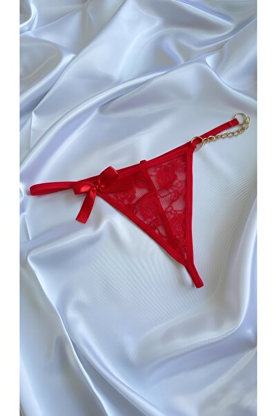 Maly Love Kadın Kırmızı Dantel Fiyonk ve Zincir Detaylı Tanga