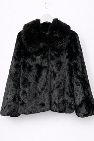 günay boutıque Ithal Short Faux Fur Coat -Black