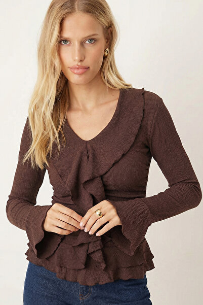 armonika Women's Coffee Color Ruffled Sleeves Gathered Drawstring Blouse Arm-...