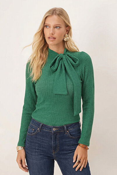 armonika Women's Green Tie-Up Side Ruched Shoulder Blouse Arm-26K001068