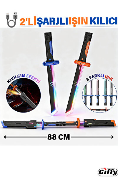 giffy Oyuncak +14 Yaş 2'li Set Kıvılcım Efektli RGB 44 CM Kılıç Şarjlı Ses Ef...