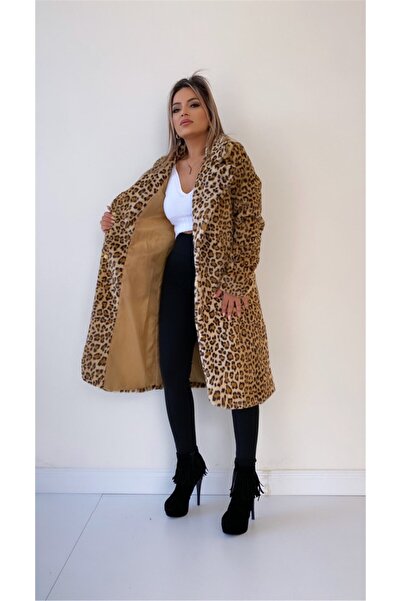 SEDA FİDAN BOUTIQUE Uzun Leopar Suni Kürk Camel
