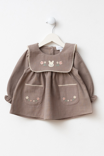 Minipodyum Peter Pan collar Holiday Linen Baby Girl Dress with Embroidery Det...