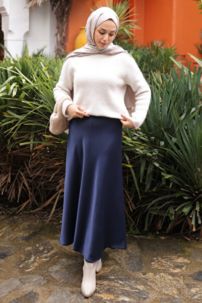 İmajButik Navy Blue Long Satin Skirt