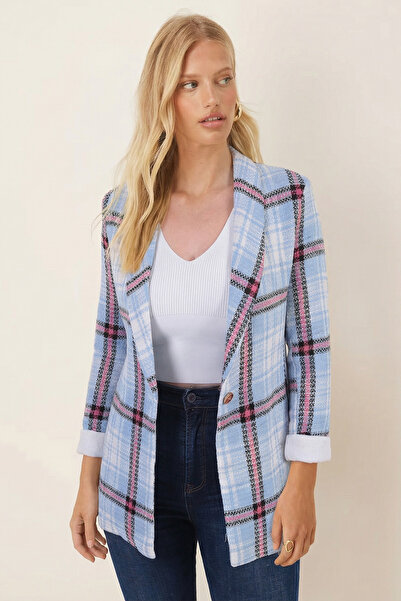 armonika Women's Blue White Shawl Collar Sleeves Paneled Single Button Jacket...