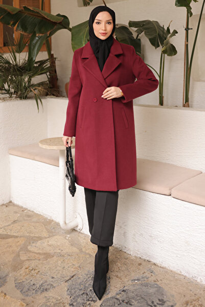 İmajButik Burgundy Double-Breasted Collar Lined Cashmere Coat