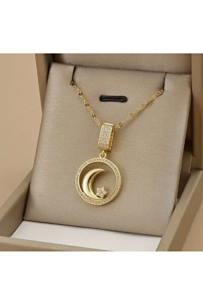 REKS قلادة ذهبية اللون مزينة بحجر على شكل نجمة القمر الأنيقة، تصميم أنيق ولام...