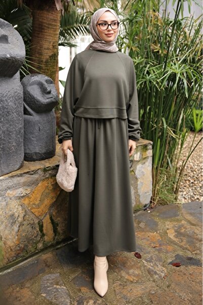İmajButik Khaki Oversized Modal Set with Sweat Skirt