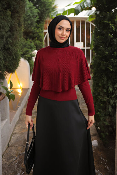 İmajButik Corded Fabric Knitwear Sweater with Burgundy Cape Detail