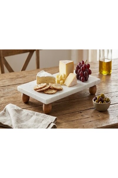 glashus Ahşap Küre Ayaklı Dekoratif Mermer Sunum Tepsisi - Şık Mutfak Yağdanl...