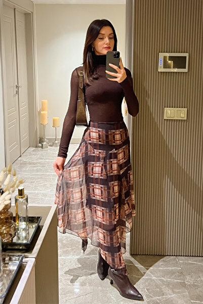 Klex Women's Plaid Chiffon Midi Skirt – High Waist, Flowy Cut, Casual-S