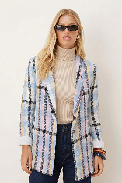 armonika Women's Blue-Purple Shawl Collar Sleeves Paneled Single Button Jacke...