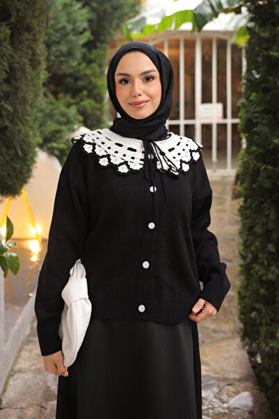İmajButik Black Collar Lace Detailed Buttoned Knitwear Cardigan