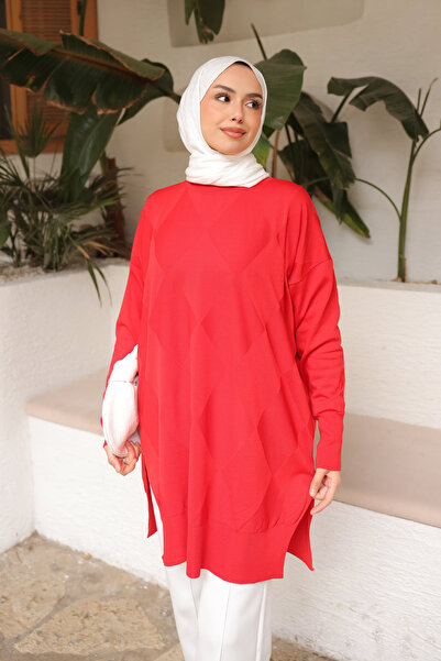 İmajButik Red Crew Neck Cold Thread Knitwear Tunic