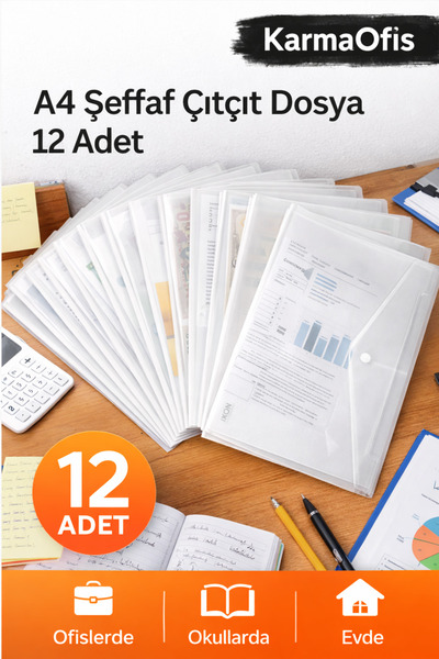 KarmaOfis A4 Şeffaf Çıtçıt Dosya 12 Adet – Çoklu Evrak Dosyası Seti