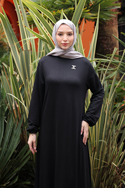 İmajButik Siyah Eteği Katlı Kol Lastikli Modal Elbise