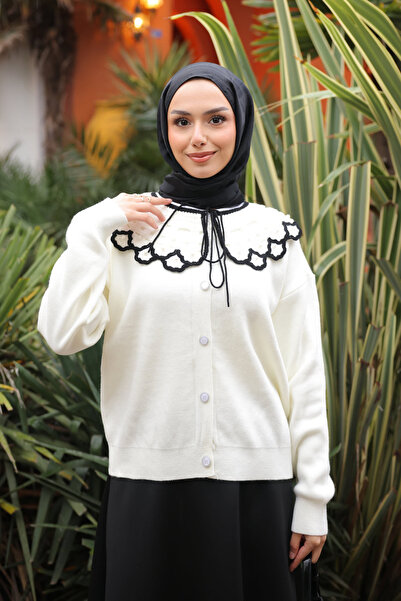 İmajButik Ecru Collar Lace Detailed Buttoned Knitwear Cardigan