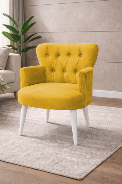 WATERYBROOK Modern Babyface Kumaş Berjer Koltuk – Ahşap Beyaz Ayaklı | SARI