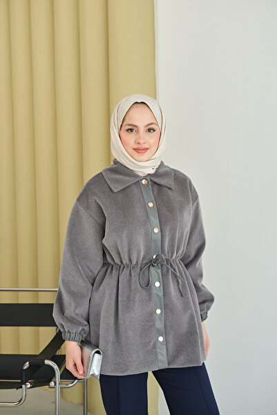 LOCCO Women's Adjustable Waist Shirt Collar Angora Jacket Gray